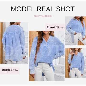 Dokotoo Womens Tops Fashion Cotton Long Sleeve Shirts for Women Button V Neck Side Slit Blouses Basic Ladies Work Office Dressy Casual Soft Loose Fit Tunic Top Sky Blue Small