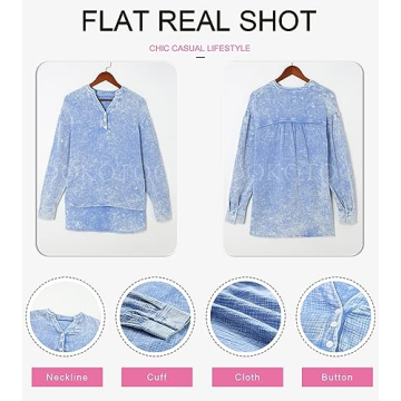 Dokotoo Womens Tops Fashion Cotton Long Sleeve Shirts for Women Button V Neck Side Slit Blouses Basic Ladies Work Office Dressy Casual Soft Loose Fit Tunic Top Sky Blue Small