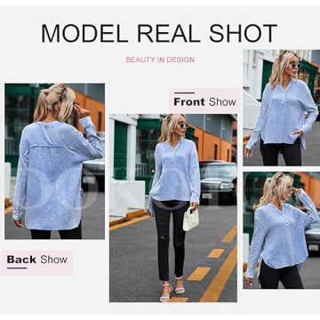 Dokotoo Womens Tops Fashion Cotton Long Sleeve Shirts for Women Button V Neck Side Slit Blouses Basic Ladies Work Office Dressy Casual Soft Loose Fit Tunic Top Sky Blue Small