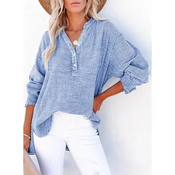 Dokotoo Womens Tops Fashion Cotton Long Sleeve Shirts for Women Button V Neck Side Slit Blouses Basic Ladies Work Office Dressy Casual Soft Loose Fit Tunic Top Sky Blue Small