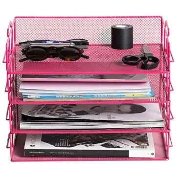 Klickpick Office 4 Tier Stackable Heavy Duty Metal Desktop Letter Tray File Organizer Sorter Desk Document Organizer Shelf Tray Magazine Holder Paper File Newspaper Organizer Tray - Pink