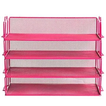 Klickpick Office 4 Tier Stackable Heavy Duty Metal Desktop Letter Tray File Organizer Sorter Desk Document Organizer Shelf Tray Magazine Holder Paper File Newspaper Organizer Tray - Pink