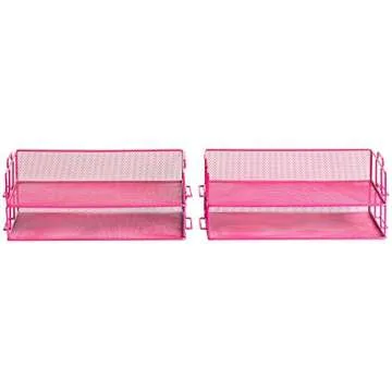 Klickpick Office 4 Tier Stackable Heavy Duty Metal Desktop Letter Tray File Organizer Sorter Desk Document Organizer Shelf Tray Magazine Holder Paper File Newspaper Organizer Tray - Pink