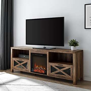 Walker Edison Calgary Industrial Farmhouse X-Drawer Metal Mesh and Wood Fireplace TV Stand for TVs u...