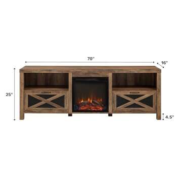 Walker Edison Calgary Industrial Farmhouse X-Drawer Metal Mesh and Wood Fireplace TV Stand for TVs up to 80 Inches, 70 Inch, Rustic Oak