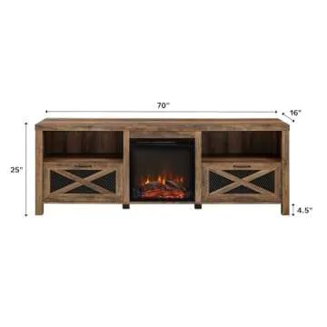 Walker Edison Calgary Industrial Farmhouse X-Drawer Metal Mesh and Wood Fireplace TV Stand for TVs up to 80 Inches, 70 Inch, Rustic Oak
