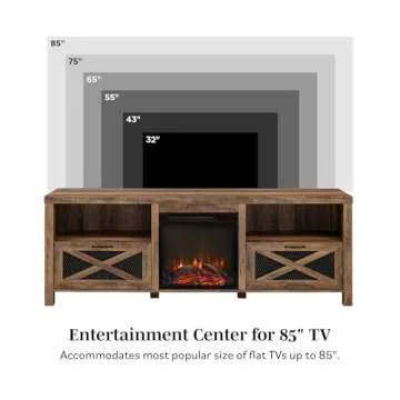 Walker Edison Calgary Industrial Farmhouse X-Drawer Metal Mesh and Wood Fireplace TV Stand for TVs up to 80 Inches, 70 Inch, Rustic Oak