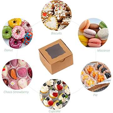 Bekoetoz 100Pcs Paper Cookie Boxes With Window Small Bakery Boxes 4x4x2.5 Inches Mini Cake Boxes For Pastries,Cupcakes,Desserts,Donuts,Chocolate Strawberries,Candy,Treat Boxes(4 * 4 * 2.5,Brown)