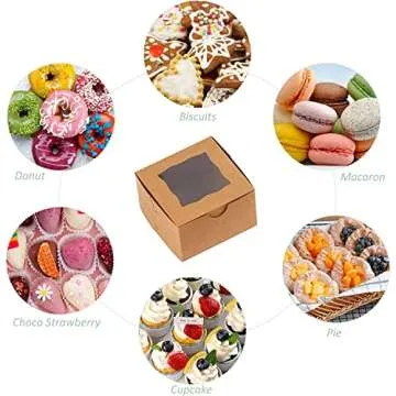 Bekoetoz 100Pcs Paper Cookie Boxes With Window Small Bakery Boxes 4x4x2.5 Inches Mini Cake Boxes For Pastries,Cupcakes,Desserts,Donuts,Chocolate Strawberries,Candy,Treat Boxes(4 * 4 * 2.5,Brown)