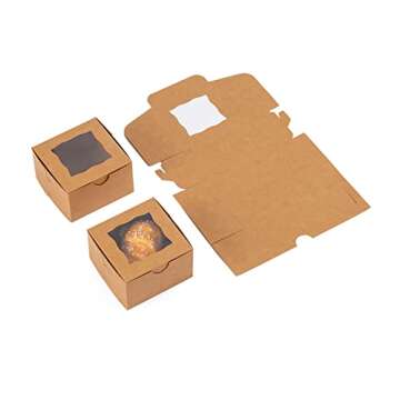 Bekoetoz 100Pcs Paper Cookie Boxes With Window Small Bakery Boxes 4x4x2.5 Inches Mini Cake Boxes For Pastries,Cupcakes,Desserts,Donuts,Chocolate Strawberries,Candy,Treat Boxes(4 * 4 * 2.5,Brown)