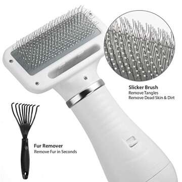 iPettie Pet Grooming Hair Dryer with Slicker Brush, White, Quiet, 2 Heat Settings, Professional Home...