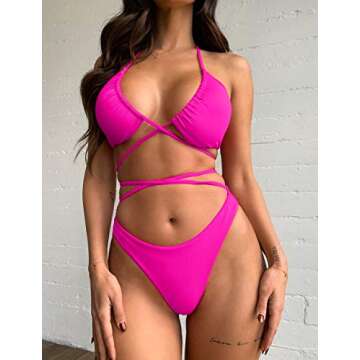 QINSEN Bikini Bathing Suit for Women Adjustable Straps Coutout Cheeky 2 Pieces Swimsuit Rosy S