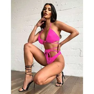 QINSEN Bikini Bathing Suit for Women Adjustable Straps Coutout Cheeky 2 Pieces Swimsuit Rosy S