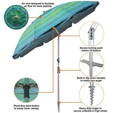 Blissun 7.2' Portable Beach Umbrella with Sand Anchor, Tilt Pole, Carry Bag, Air Vent (Orange Stripe)