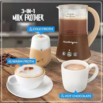 Nostalgia 32 Oz Frother and Hot Chocolate Maker, Warm or Cold Milk Foam, Includes Cocoa Bomb Mold, for Coffees, Lattes, Cappuccinos, Brown