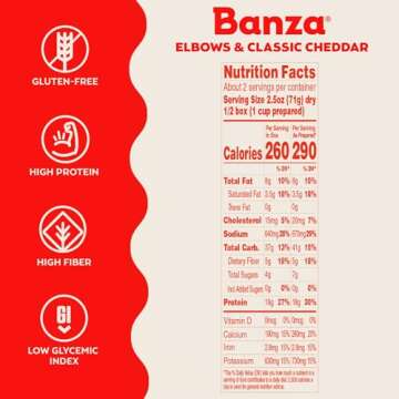 BANZA Chickpea Mac and Cheese, Elbows and Classic Cheddar - Gluten Free Healthy Mac and Cheese, High Protein, Lower Carb and Non-GMO, Elbows with Classic Cheddar,5.5 Ounce (Pack of 6)