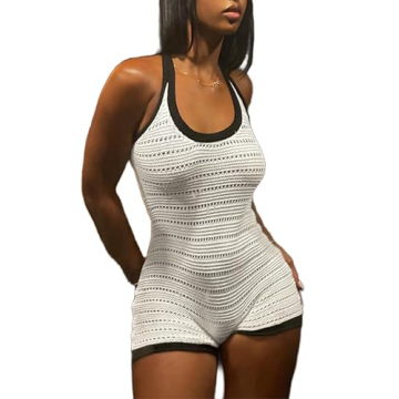 VOIKERDR Womens Jumpsuit White Knit Hollow Out Jumpsuit Sexy Halter One Piece Jumpsuit Crochet Outfi...