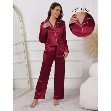Ekouaer Pajamas For Women Set Silk Pjs 2 Piece Satin Sleepwear Long Sleeve Button Down Lounge Sets With Pant Wine Red M