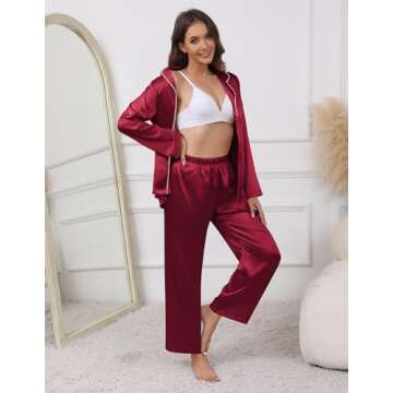 Ekouaer Pajamas For Women Set Silk Pjs 2 Piece Satin Sleepwear Long Sleeve Button Down Lounge Sets With Pant Wine Red M