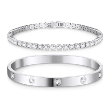 Doubgood Silver Bracelets Set – Elegant Stackable Bangles & Tennis Bracelets with Cubic Zirconia