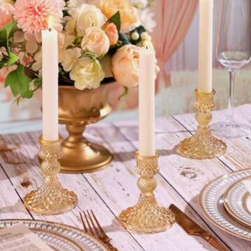 Taper Candlestick Holder Set of 6, Gold Candle Holders & Vintage Candlestick Holders, Glass Candle H...