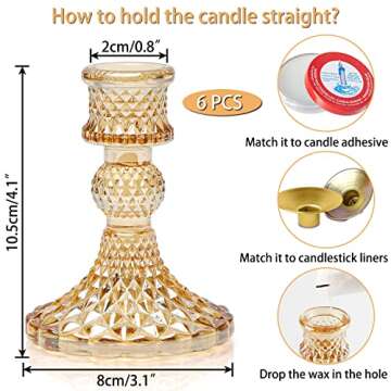 Taper Candlestick Holder Set of 6, Gold Candle Holders & Vintage Candlestick Holders, Glass Candle Holder for Wedding Table Decorations, Birthdays, Christmas Decor