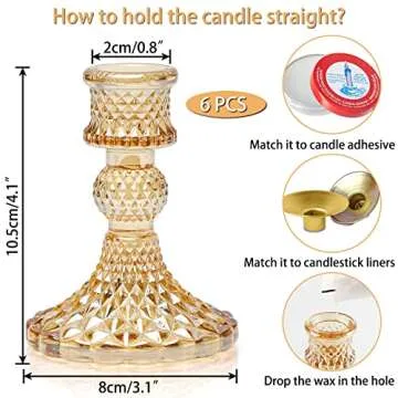 Taper Candlestick Holder Set of 6, Gold Candle Holders & Vintage Candlestick Holders, Glass Candle Holder for Wedding Table Decorations, Birthdays, Christmas Decor