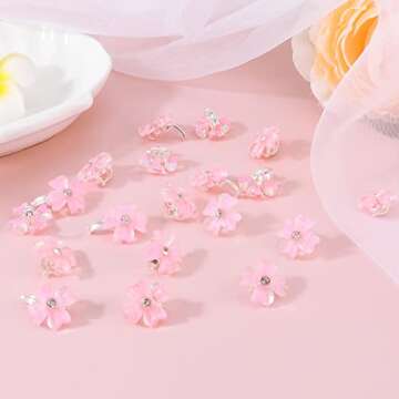 YISSION 20Pcs Mini Pink Flower Hair Clips with Rhinestone Cute Hair Pins Decorative Hair Clips Wedding Hair Barrettes Bridal Hair Accessories for Girls Women