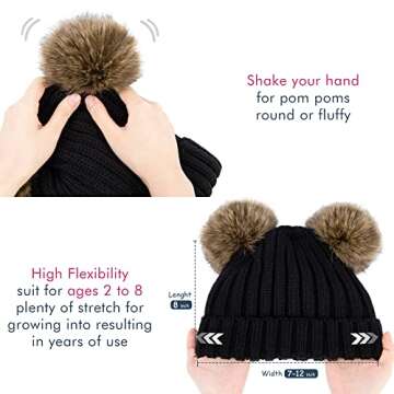 Simplicity Soft Kids Winter Hat Boys Girls Plush Lined Elastic Toddler Winter Hat Cuddly Ball Pom Pom Ears Knit Baby Hat Warm Kids Beanie Hat, Black