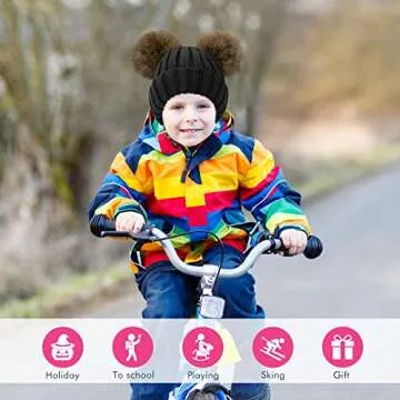 Simplicity Soft Kids Winter Hat Boys Girls Plush Lined Elastic Toddler Winter Hat Cuddly Ball Pom Pom Ears Knit Baby Hat Warm Kids Beanie Hat, Black