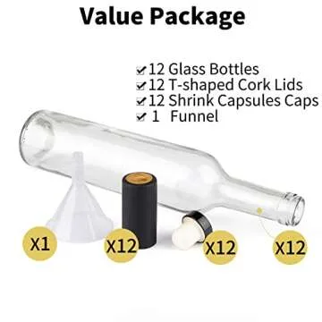 GUANENA 12 Pack 16oz Clear Glass Bottles with Cork Lids and PVC Shrink Capsules, 500 ml Empty Home Brewing Wine Bottles with Funnel for Sparkling Wine, Juice, Kombucha, Beverages