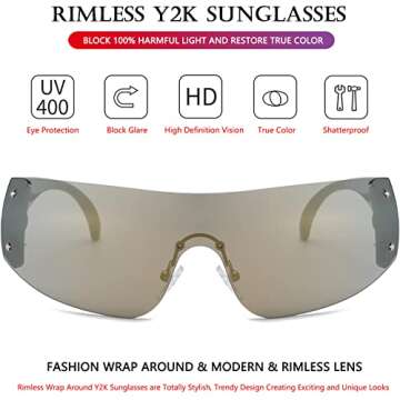 AIEYEZO Rimless Y2K Sunglasses Women Men Oversized Fashion Wrap Around Frameless Sun Glasses (Luxury...