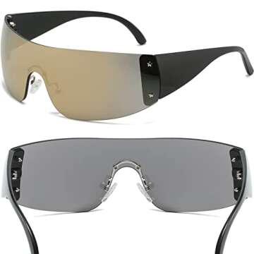 AIEYEZO Rimless Y2K Sunglasses Women Men Oversized Fashion Wrap Around Frameless Sun Glasses (Luxury Gold)