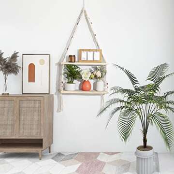 TENEWEE Boho Wall Hanging Shelves Macrame Floating Plant Photos Wood Shelf for Bedroom Living Room A...