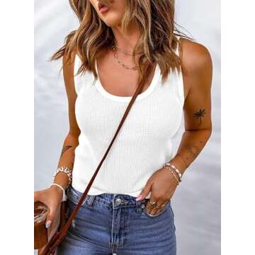 Dokotoo Womens Tank Tops Fashion Spring Summer Scoop Neck Waffle Knit Sleeveless Shirts Solid Color Basic Tee White Small