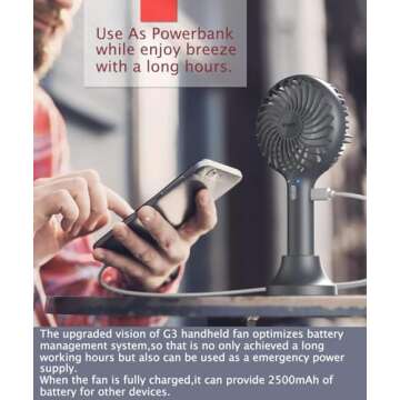 HonHey Handheld Fan, 5000 mAh Portable Fan[8-25H Working Time] with Rechargeable Battery, 4 Speed Personal Cooling Desk Fan with Power Bank, Mini Hand Held Operated Makeup Fan for Women Outdoor