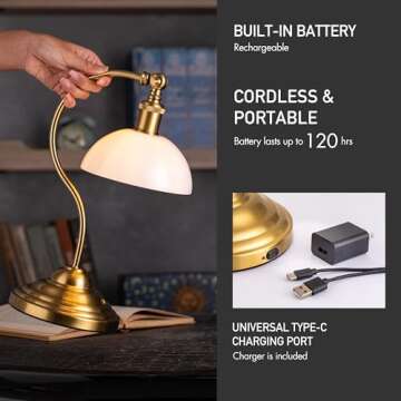 O'Bright Bankers - Cordless LED Table Lamp, Battery-Operated, Rechargeable, 3-Level Dimming, Universal USB-C Charging, 180° Swivel Head, White Jade Glass Shade, Antique Brass