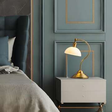 O'Bright Bankers - Cordless LED Table Lamp, Battery-Operated, Rechargeable, 3-Level Dimming, Universal USB-C Charging, 180° Swivel Head, White Jade Glass Shade, Antique Brass