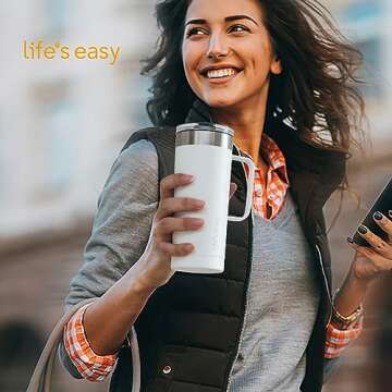 Life's Easy 20oz Stainless Steel Mug w/Handle - Double Wall Insulated Travel Tumbler w/Flip Lid - Le...