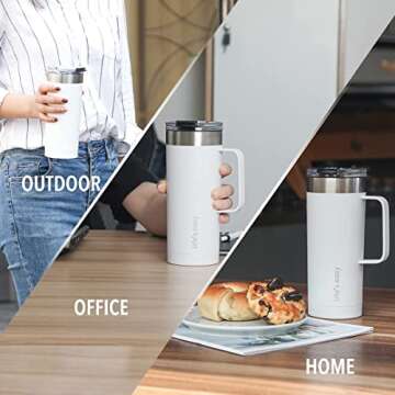 Life's Easy 20oz Stainless Steel Mug w/Handle - Double Wall Insulated Travel Tumbler w/Flip Lid - Leak Proof Tumbler-Thermal Cup for Coffee, Tea & More - Keep Hot & Cold Drinks (White, 20 oz)