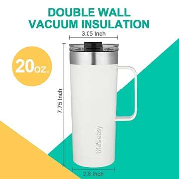 Life's Easy 20oz Stainless Steel Mug w/Handle - Double Wall Insulated Travel Tumbler w/Flip Lid - Leak Proof Tumbler-Thermal Cup for Coffee, Tea & More - Keep Hot & Cold Drinks (White, 20 oz)