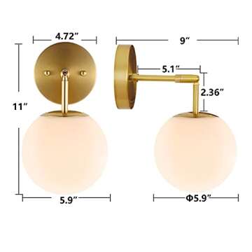 BAODEN Modern Wall Sconce Industrial Mid Century Bathroom Vanity Wall Light with White Globe Glass Lampshade Brushed Brass Finished Lighting Fixture (Gold Color)