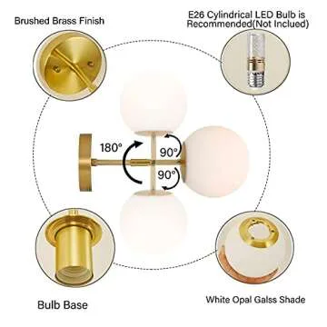 BAODEN Modern Wall Sconce Industrial Mid Century Bathroom Vanity Wall Light with White Globe Glass Lampshade Brushed Brass Finished Lighting Fixture (Gold Color)