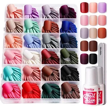 Teenitor Press on Nails Short,576pcs Matte Square Short Fake Nails with Nail Glue, Glue on Nails,24 ...