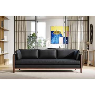 Valencia Matera 93” Black 3 Seater Full Leather Sofa | Modern Nappa Leather Couch with 2 Pillows f...