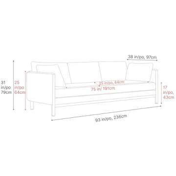 Valencia Matera 93” Black 3 Seater Full Leather Sofa | Modern Nappa Leather Couch with 2 Pillows for Living Room Furniture | Canadian Hardwood, One-Piece Curved Frame Lounge Sofa