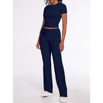 AnotherChill Women's 2 Piece Lounge Sets Straight Leg Pants Set Short Sleeve Crop T-shirt Casual Out...
