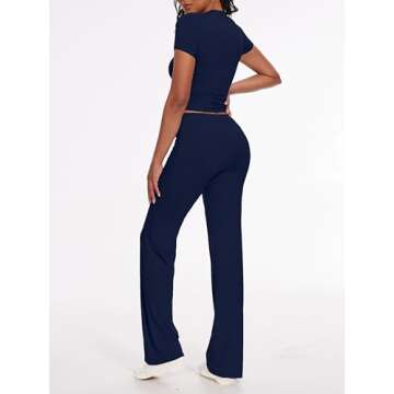 AnotherChill Women's 2 Piece Lounge Sets Straight Leg Pants Set Short Sleeve Crop T-shirt Casual Outfits Comfy Loungewear (Navy-Blue, Medium)
