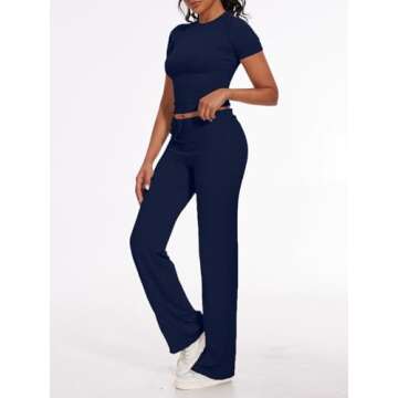 AnotherChill Women's 2 Piece Lounge Sets Straight Leg Pants Set Short Sleeve Crop T-shirt Casual Outfits Comfy Loungewear (Navy-Blue, Medium)