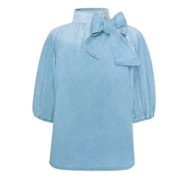 Women's Stylish High Neck Bow Denim Top for Every Occasion